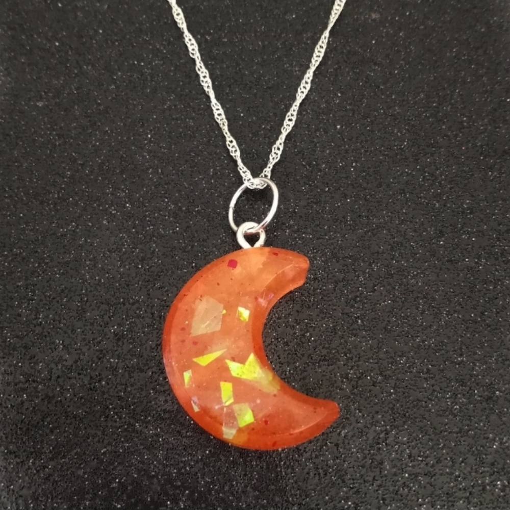 Orange faux opal crescent moon pendant on 20" silver necklace new handmade